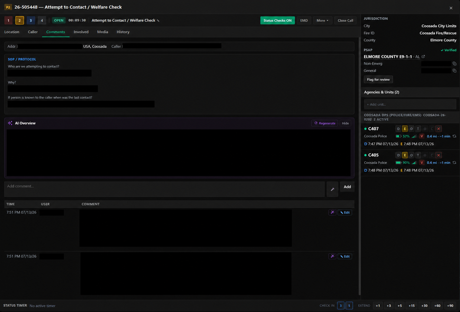 EchoCAD call detail — SOP protocol questions, AI overview, verified jurisdiction and PSAP, assigned units with telemetry, status timer
