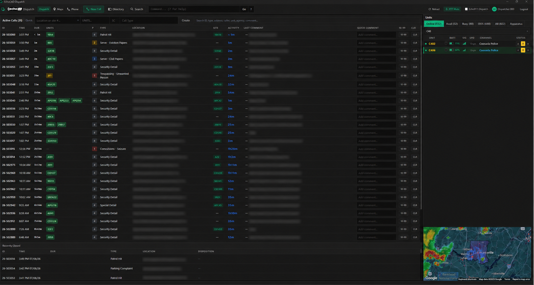 EchoCAD dispatcher console — live active-calls board, online units with radio telemetry, command line, and weather radar map