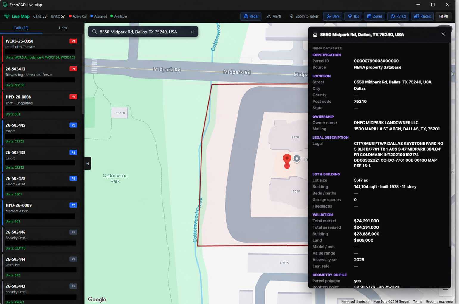 EchoCAD Live Map — NENA property database popup with parcel ID, ownership, legal description, lot and building data, and valuation; zones, PSI, and parcel layers toggled in the toolbar