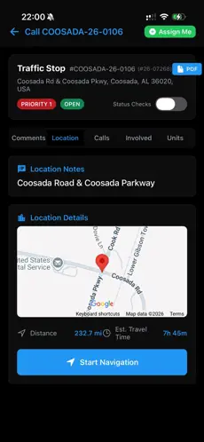 EchoCAD Mobile — call detail with priority, location notes, map, distance and one-tap navigation