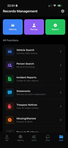 EchoCAD Mobile — records management with vehicle, person, and report functions