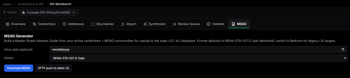 MSAG Generator — build a Master Street Address Guide in NENA-STA-021 i2 or Bellcore format, download or SFTP push to the state LIS
