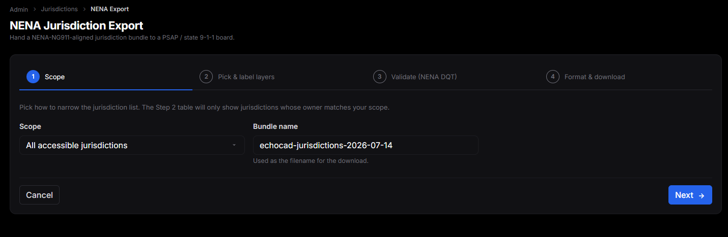 NENA Jurisdiction Export wizard — scope, pick and label layers, validate with NENA DQT, format and download