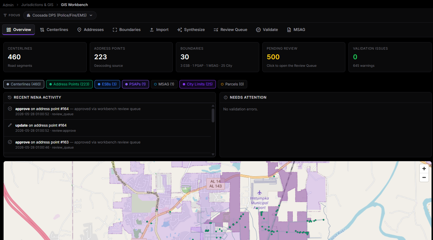 EchoCAD GIS Workbench — centerlines, address points, boundaries, review queue, NENA activity audit, and live layer map