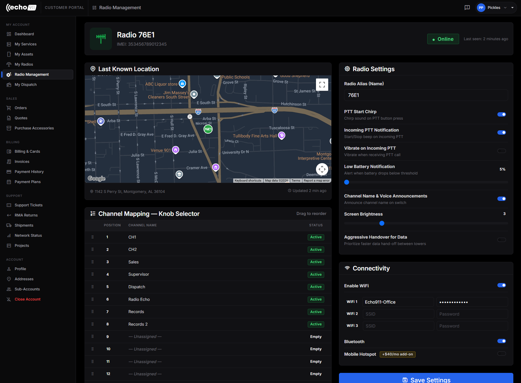 Echo911 customer portal Radio Management — channel mapping, settings, and last known location