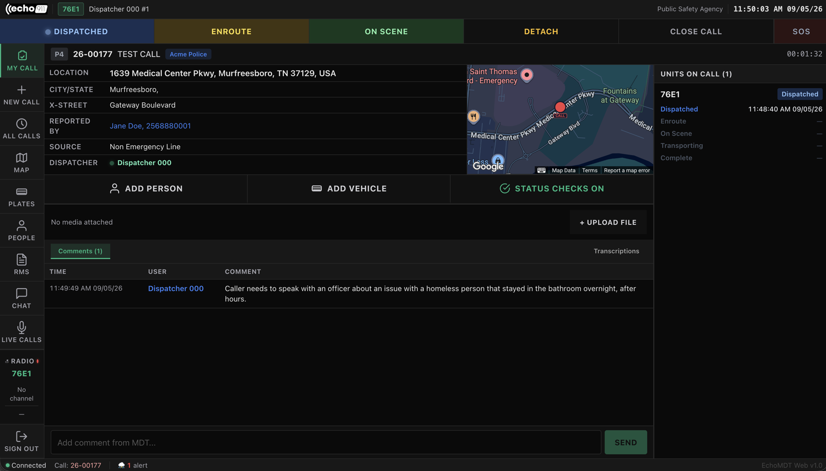 EchoMDT call detail with units, timeline, and comments
