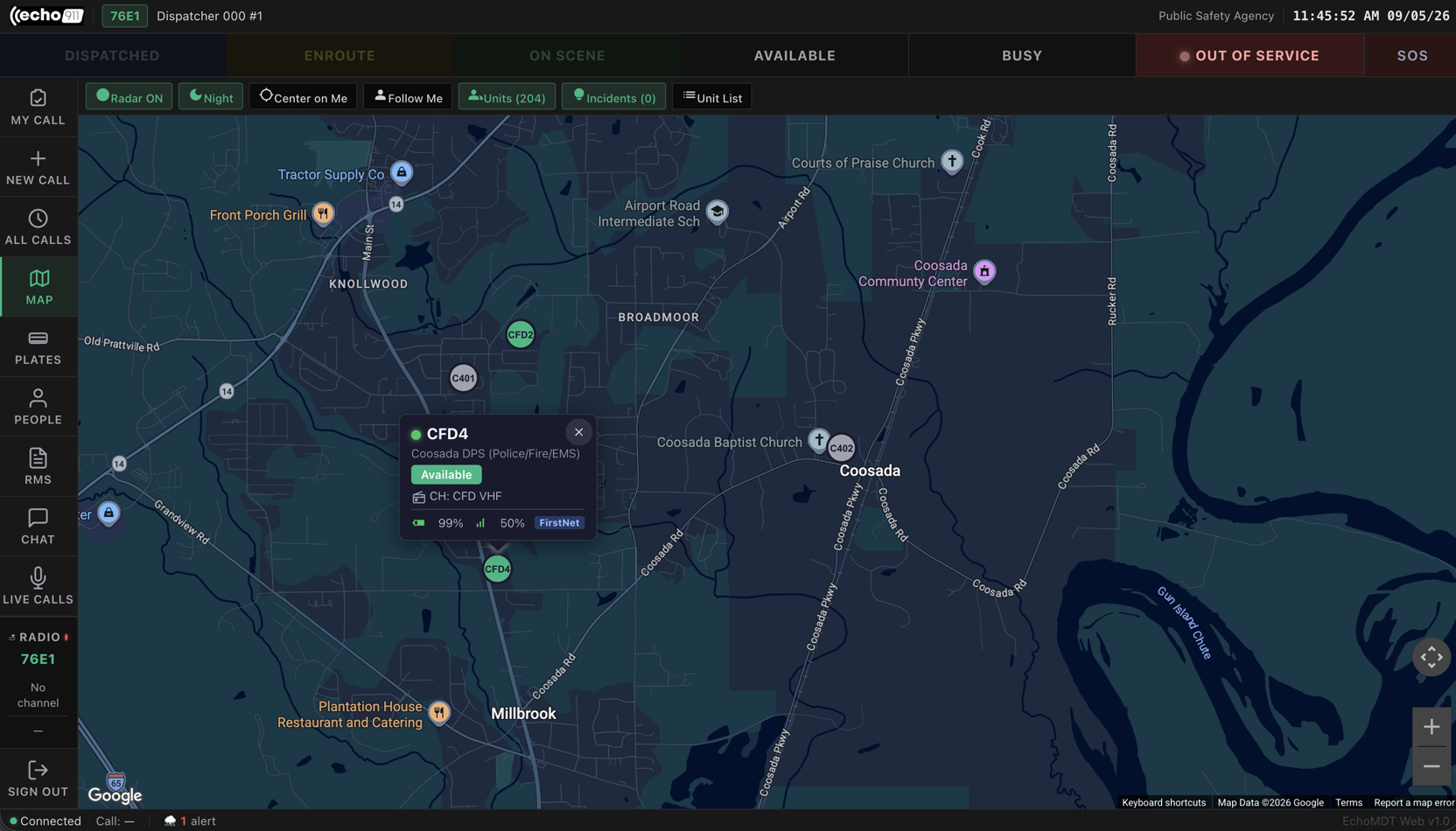 EchoCAD live map with units and incidents in real time